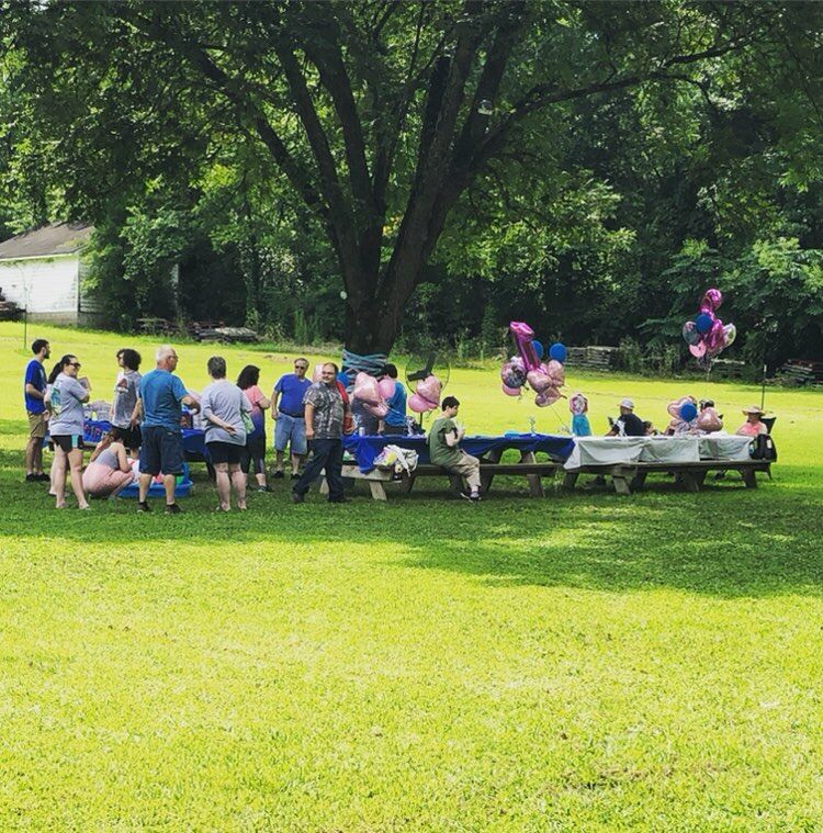 A party group gathered at tables on the lawn with balloons