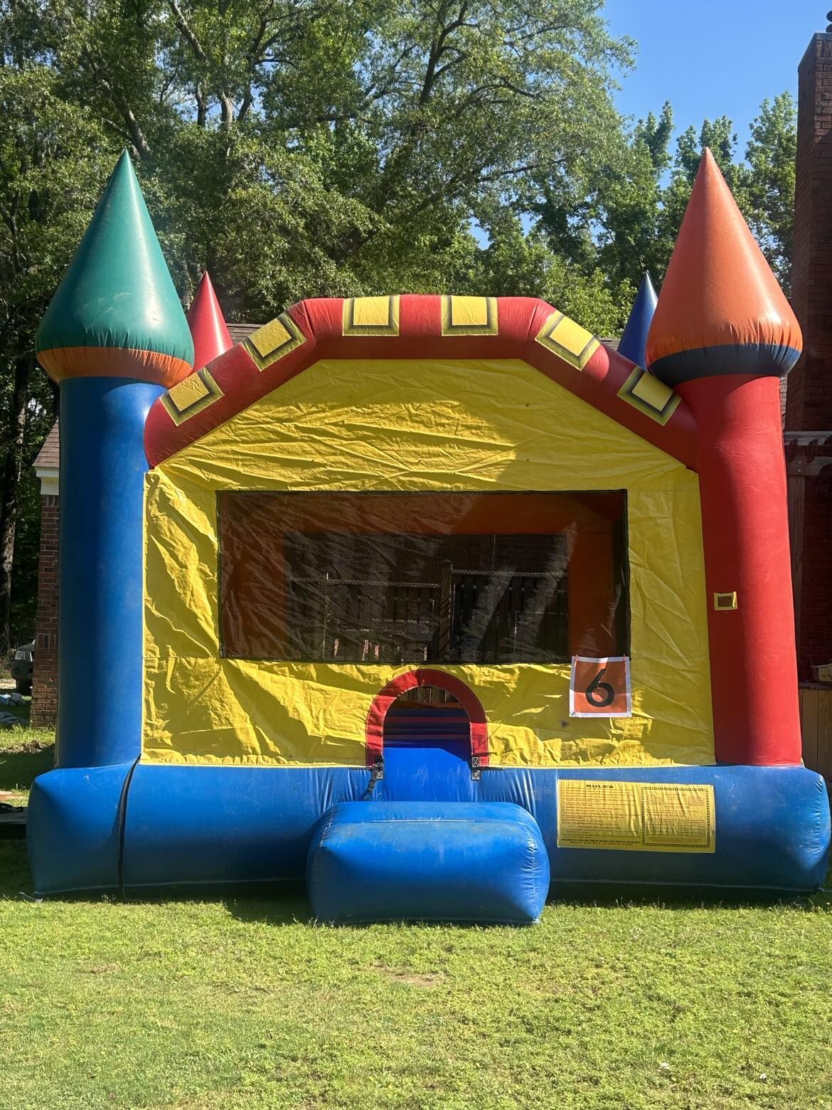 A castle-style bounce house