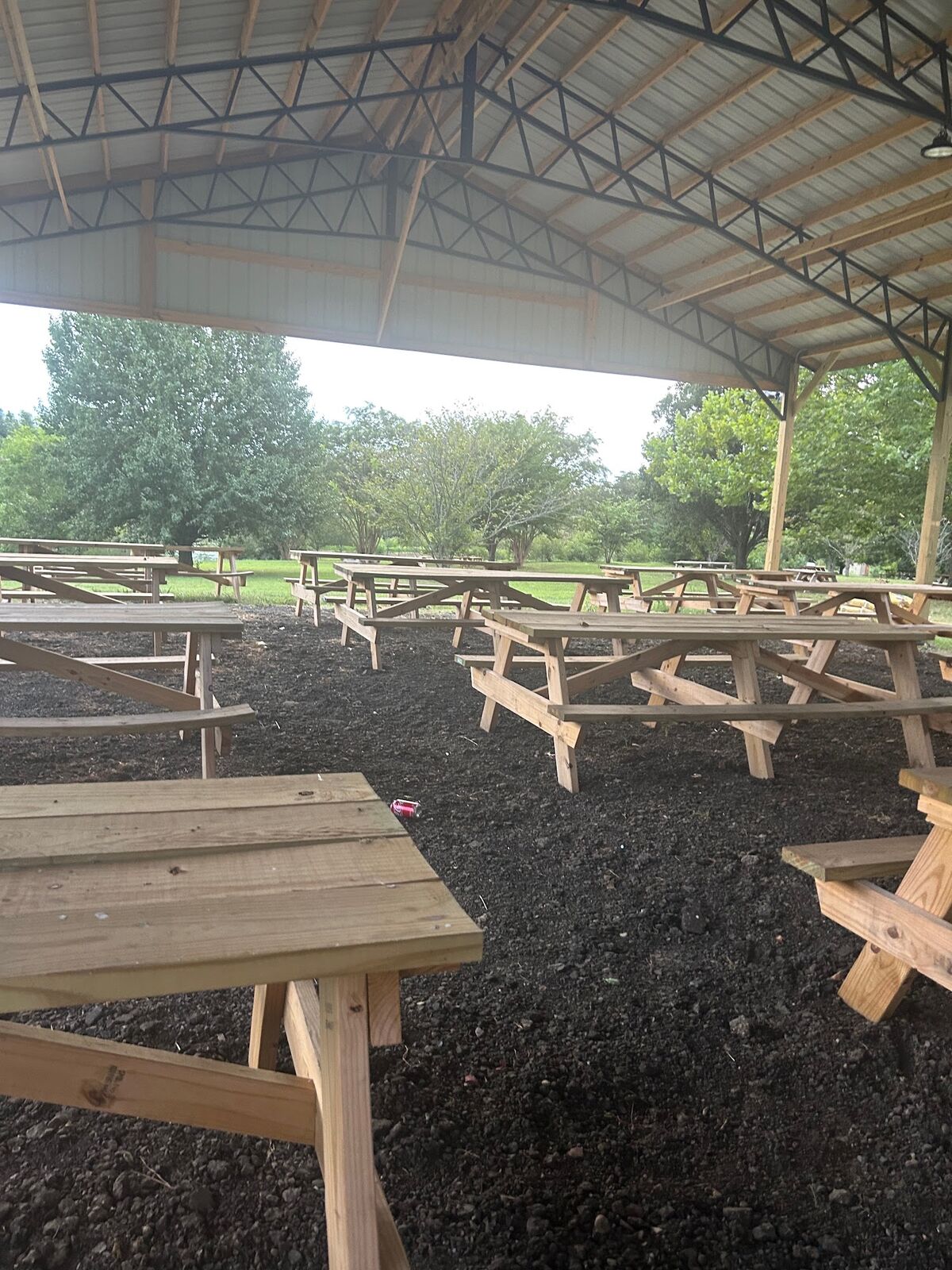 Empty picnic tables under the covered pavilion