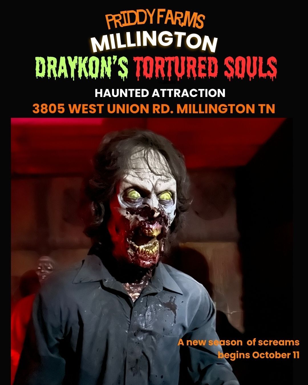 Poster for the Draykon's Tortured Souls haunted attraction at 3805 West Union Rd., Millington TN